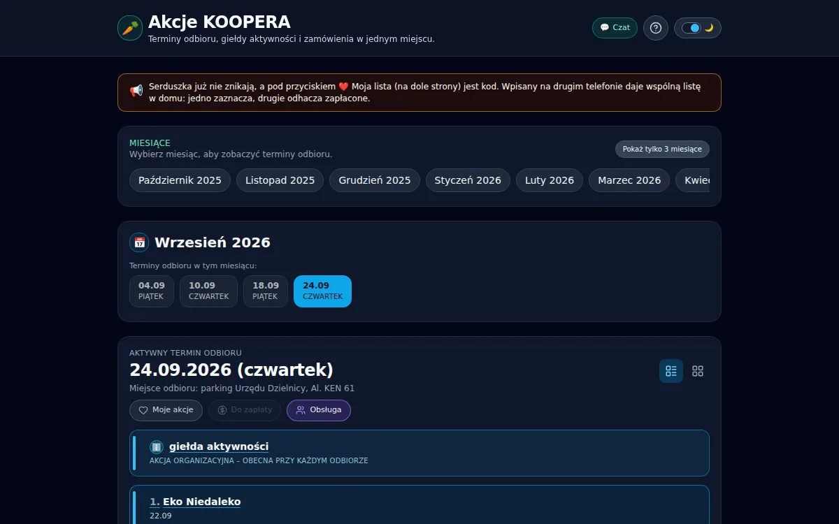 Aplikacja akcje.koopera.pl - terminy odbioru i zamówienia